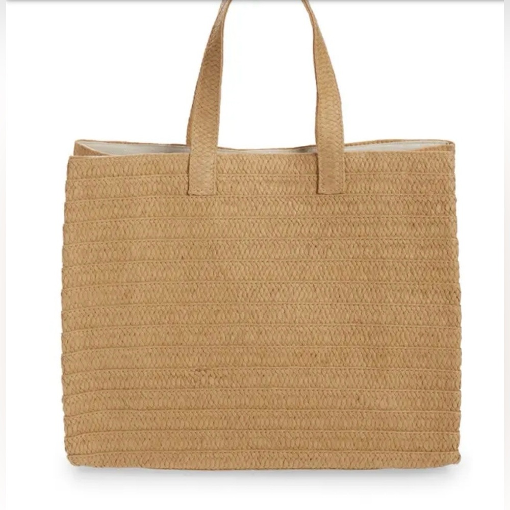 NWT BTB LOS ANGELES Sunny Side Up Straw Tote In Sand/ Fuchsia - Picture 6 of 6